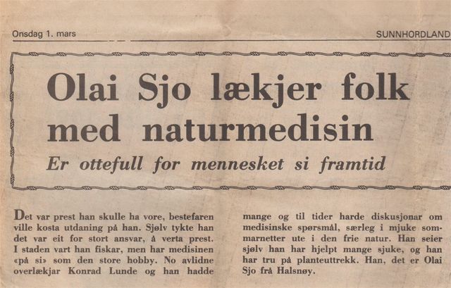 Olai Sjo lækjer folk med naturmedisin  1/3  Utklipp Frode Sæbø, 1977